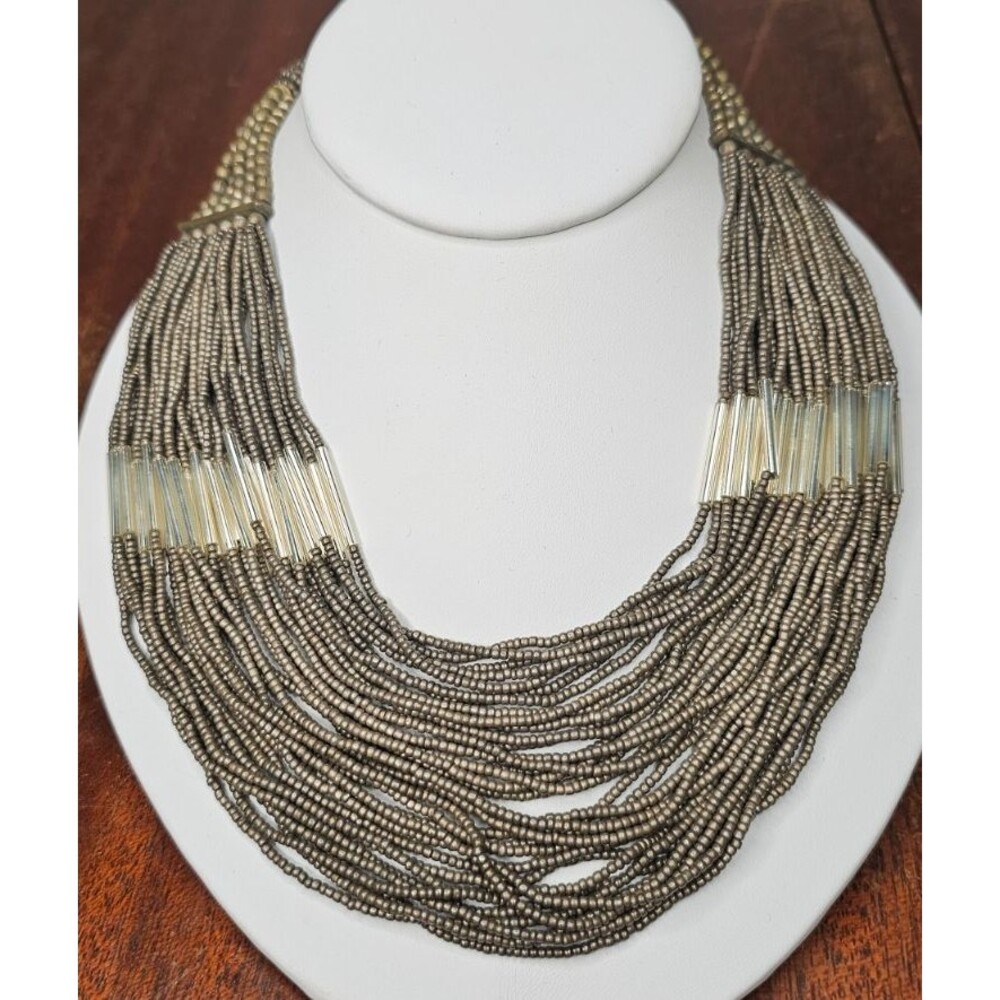 Taupe Seed Bead Layered Tribal Inspired Necklace Hook/Eye Closure 16.5"